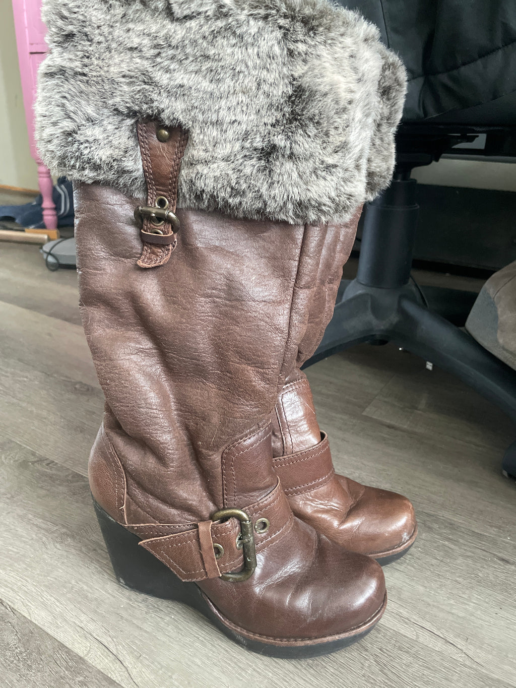 Vintage Brown Faux Leather Wedge Boots