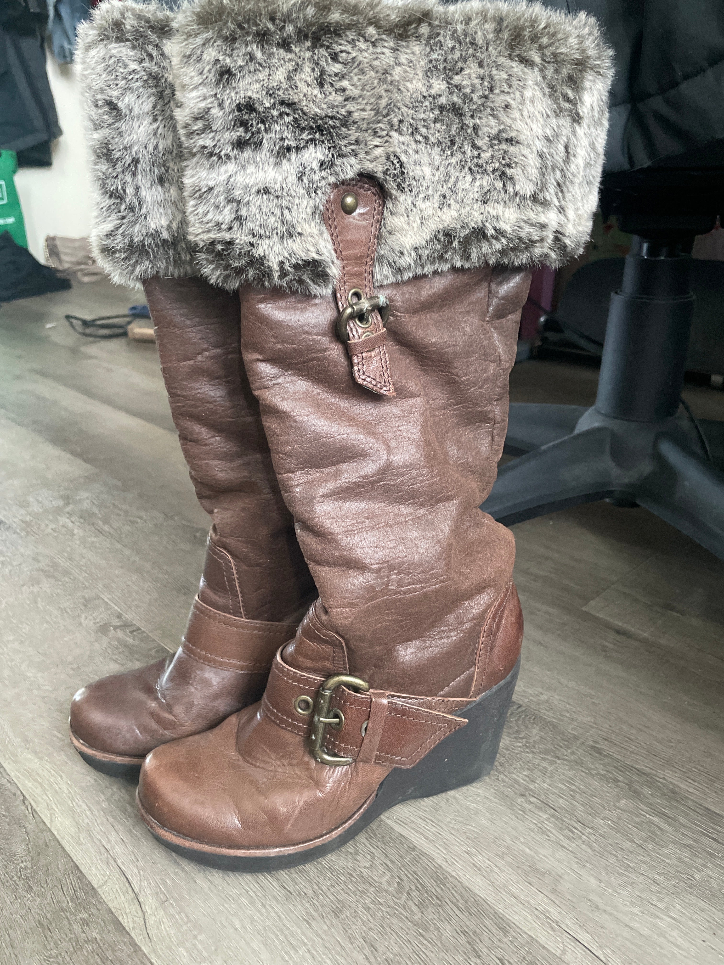 Vintage Brown Faux Leather Wedge Boots